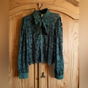 Anthropologie Dolan Left Coast Green Lace Button up Blouse with Bow Size L